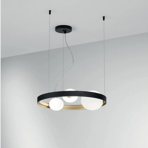 Sospensione SONETTO con struttura in alluminio nero e oro con tre diffusori I-SONETTO-S3